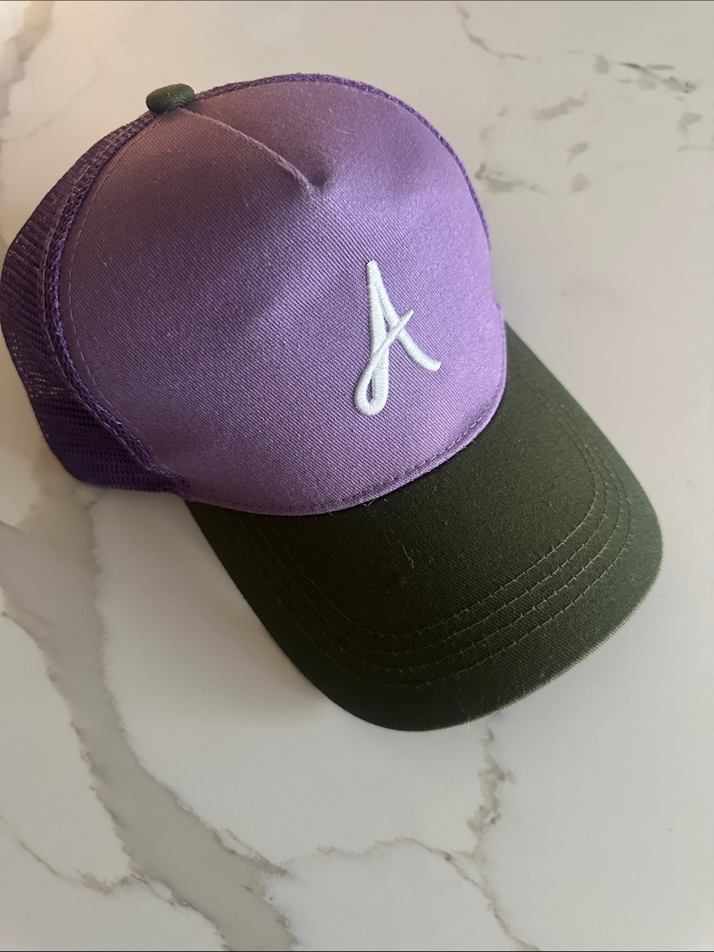 Kids Purple and Olive Green Trucker Hat with White 'A' Accent